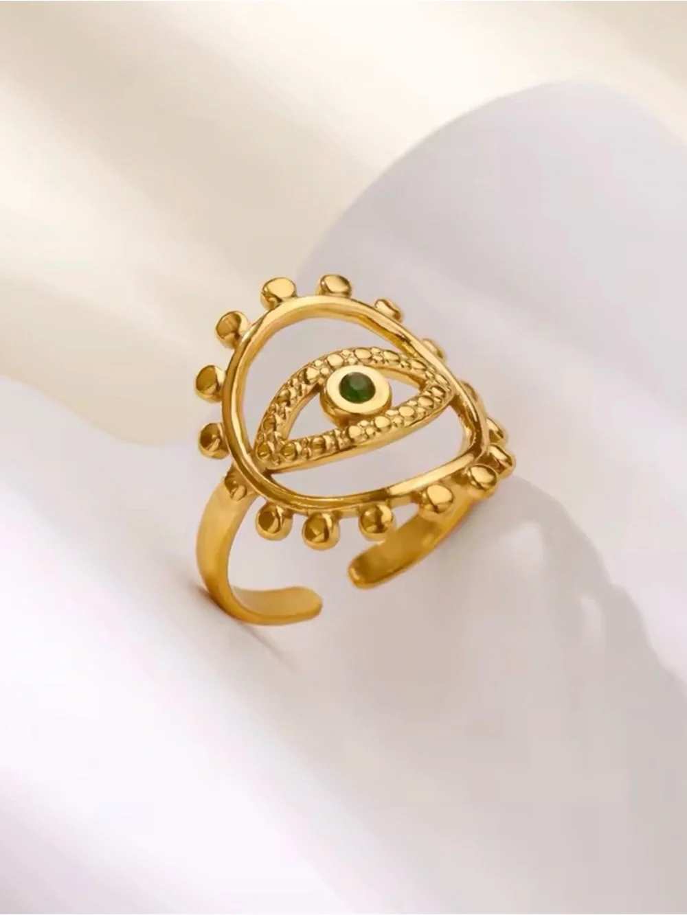 18k Yellow Gold Plated Evil Eye Ring with Green Emerald Stone (Adjustable)